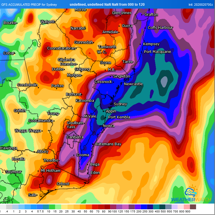 Accumulated precipitation across the 120 hours from the GFS Model (Source: Weatherwatch Metcentre)