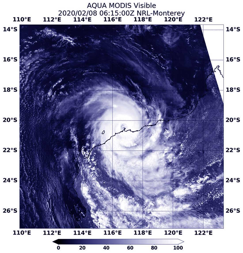 TC Damien just prior to making landfall around 1:15 a.m. EST on 9th February 2020 via the MODIS instrument aboard NASA's AQUA satellite.