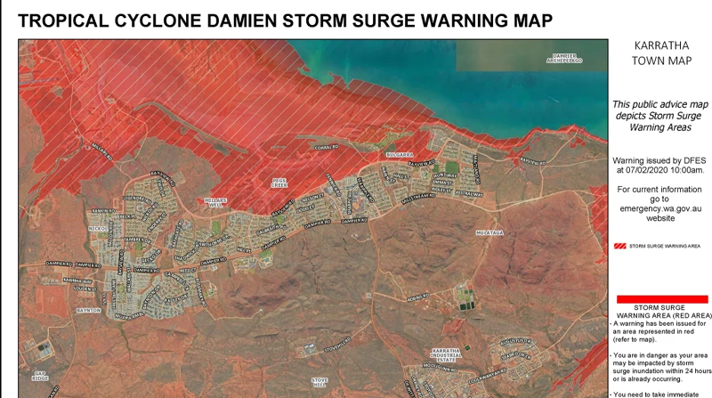 Tropical Cyclone Damien Storm Surge Map - Karratha, Western Australia for February 8th, 2020