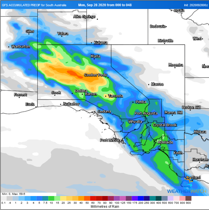 Accumulated precipitation across the next 48 hours from the GFS Model