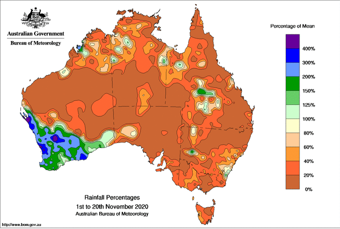 Rainfall percentage for the month to date across Australia