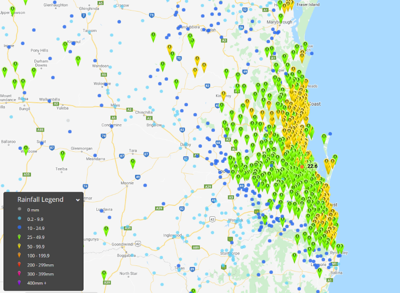 24 hour rainfall totals to 9am 10th March across northern NSW and southern QLD