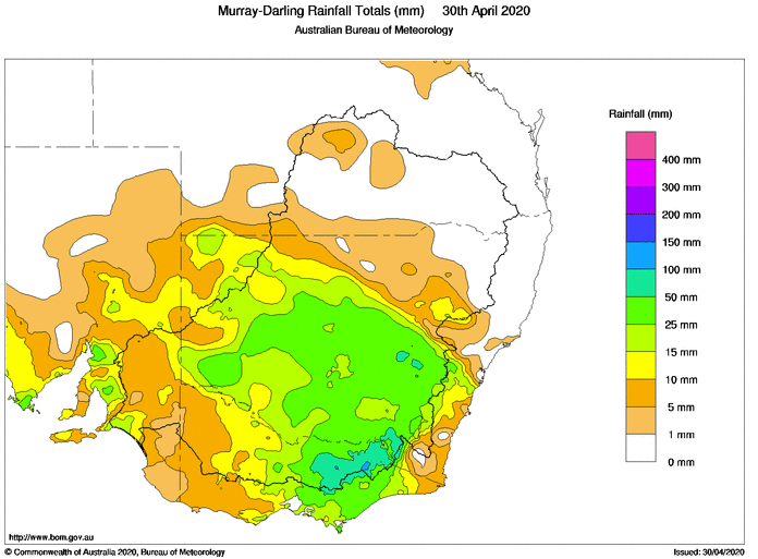 24 hour rainfall totals across the Murray-Darling Basin to 30th April, 2020