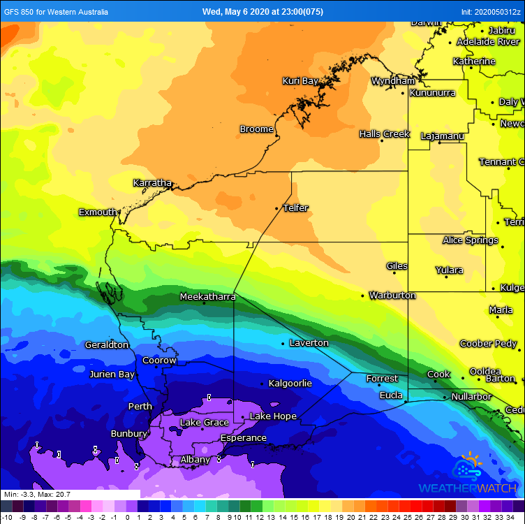 850mb temperatures across western Australia on Wednesday 6th May showing the temperature gradient over the state (Source: Weatherwatch MetCentre)