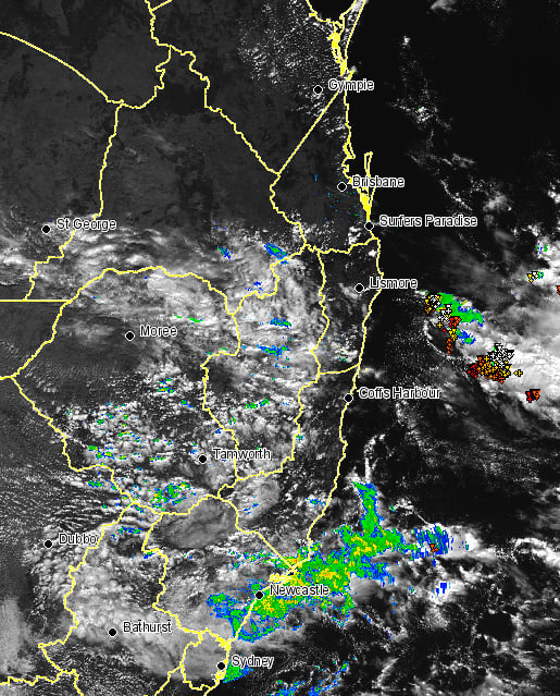 EWN satellite image with radar and lightning overlay at 1pm