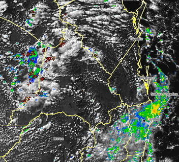 EWN satellite image with radar and lightning overlay at 2.30pm