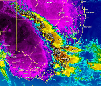 NSW Thunderstorm with lightning overlay satelitte image.