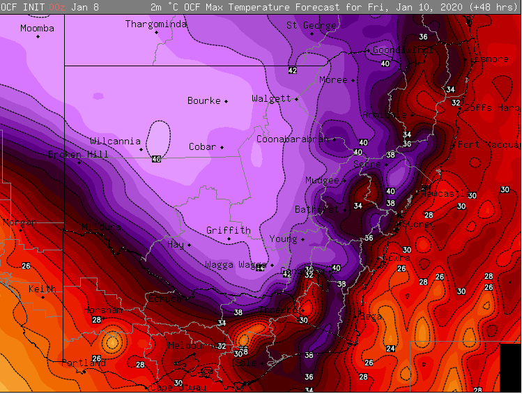 OCF Forecast Maximum temperature for NSW and Victoria for Friday 8th January, 2020