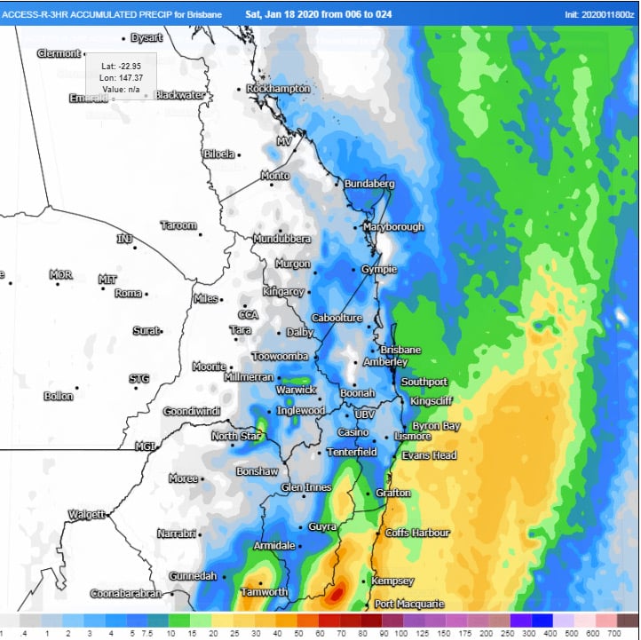 Forecast rainfall across the next 24 hours from the ACCESSR Model (Source: Weatherwatch Metcentre)