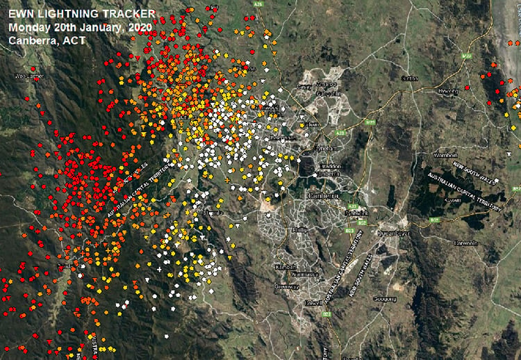 Early Warning Network Lightning Tracker, 12:35pm, Canberra ACT, Monday 20th January 2020