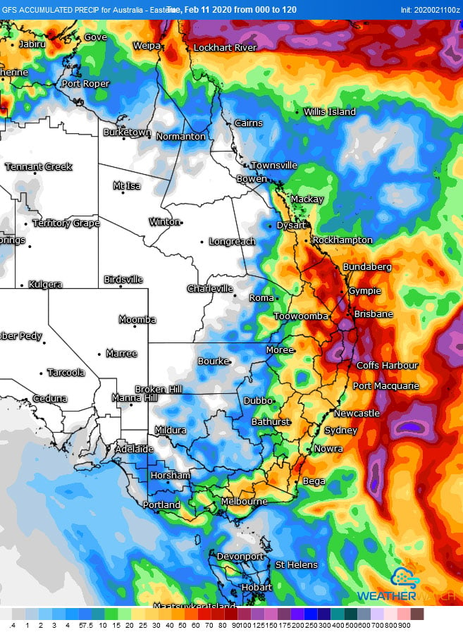 Image 1: Accumulated precipitation across the 120 hours from the GFS Model (Source: Weatherwatch Metcentre)