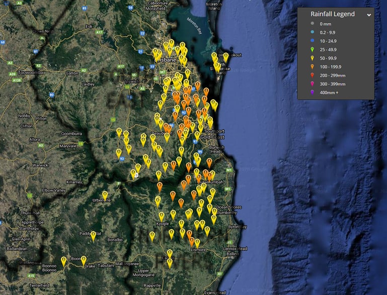 Image #8: 24 hour rainfall totals to 9:00am (Southern QLD and northern NSW) via the Early Warning Network Rainfall interface, Friday 14th February, 2020.