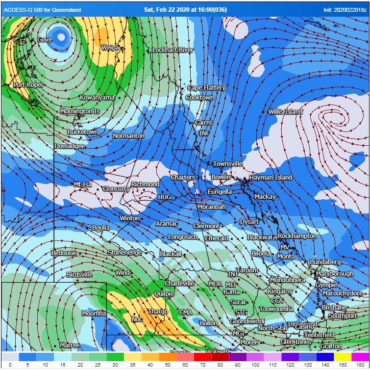 500mb winds showing increasing shear as the upper level system moves into south-western QLD. Image via WeatherWatch MetCentre