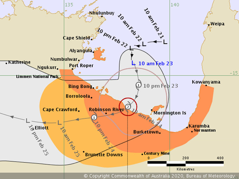 Tropical Cyclone Threat Map as of 1:27pm QLD/NT (Gulf of Carpentaria) 23/02/2020.