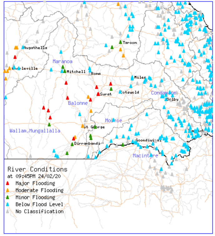 Southern QLD river conditions on Tuesday, February 25th 2020 via the Bureau of Meteorology.