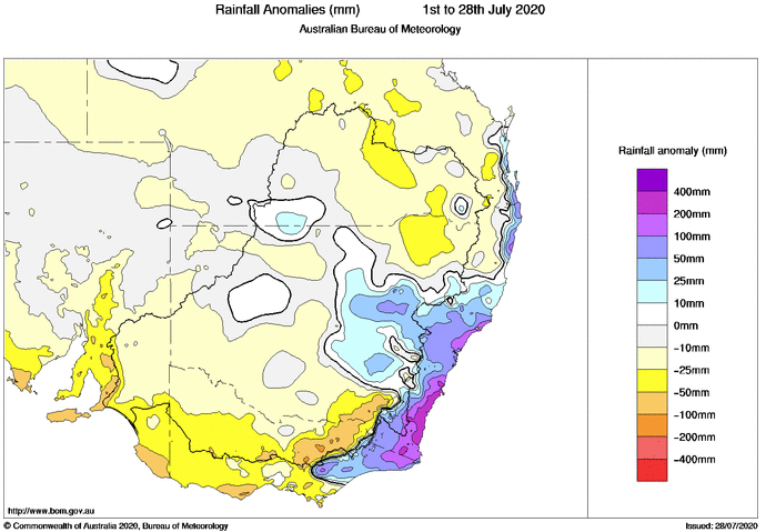 Rainfall anomoly month to date, Tuesday 28th July, 2020