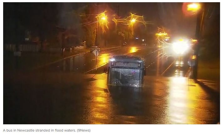 A bus in Newcastle stranded in floodwaters on the night of Sunday 26th July, 2020