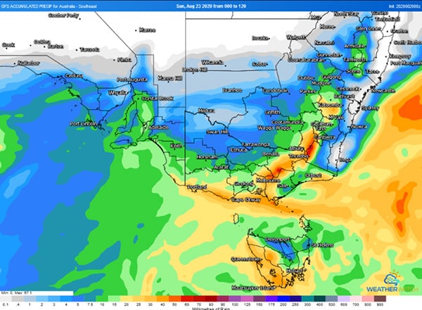 Rainfall accumulation across southeast Australia across the next 5 days from the GFS Model