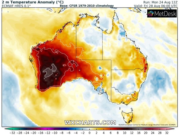 Temperature anomaly forecast for Friday 25 August, 2020 Image via WXCharts.com