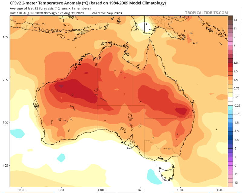 Temperature anomoly prediction for September from the CFS Model (Source: tropicaltidbits.com)