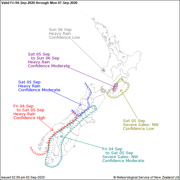 MetService NZ Severe Weather Outlook - 2nd September 2020 for Friday.