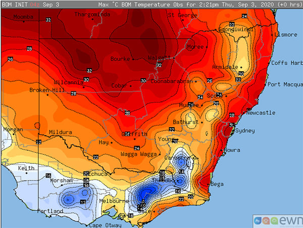 Maximum temperature to 2:20pm Thursday 3 September, 2020 across NSW