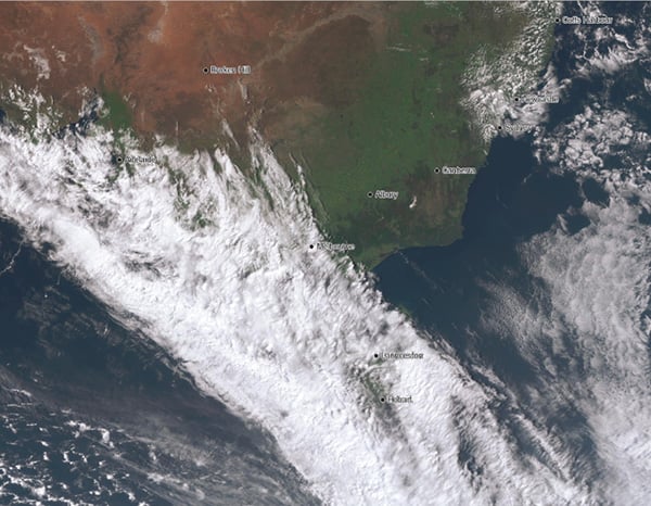 Satellite image at 2:30pm EST 11 September, 2020 showing thick cloud spreading across southeast Australia