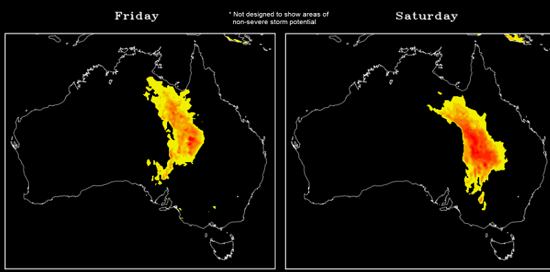 Severe Storm Potential across Australia on Friday and Saturday based on the GFS Model (Source: Data from the National Centres for Environmental Prediction)