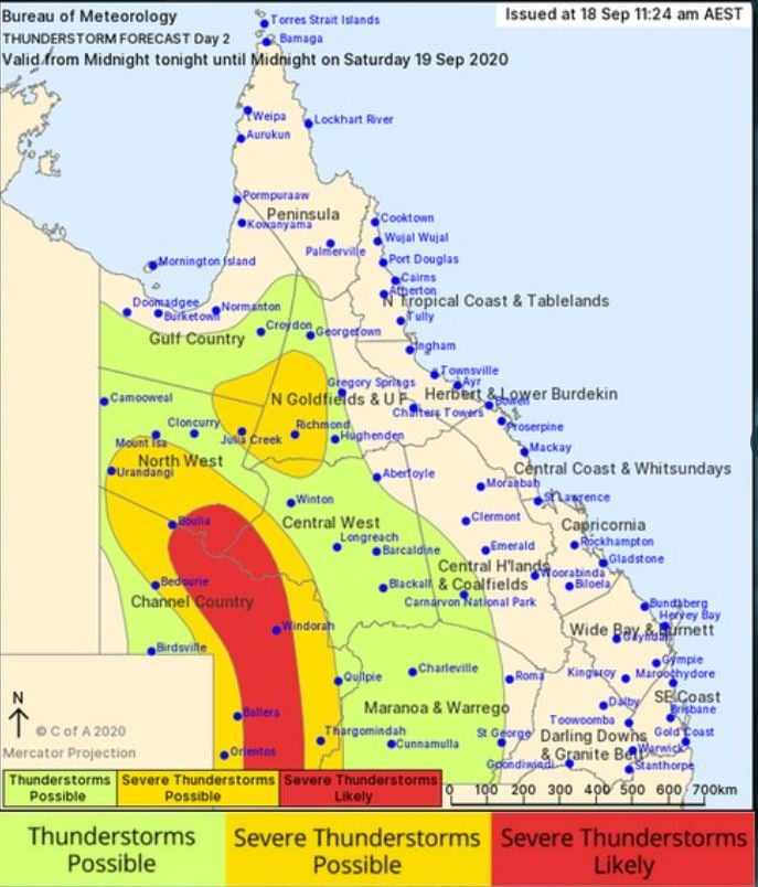 Bureau of Meteorology day 2 thunderstorm map, QLD. Valid Saturday 19/09/2020.