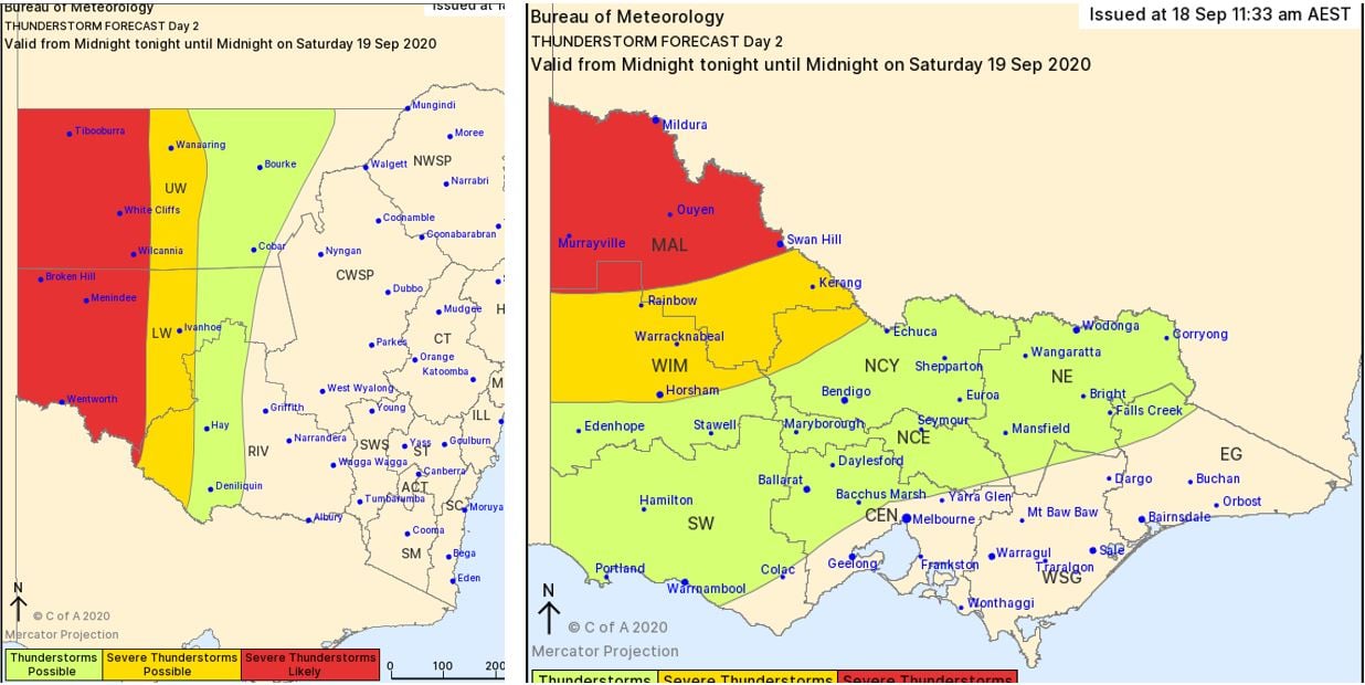 Bureau of Meteorology day 2 thunderstorm map for NSW & VIC. Valid Saturday 19/09/2020.