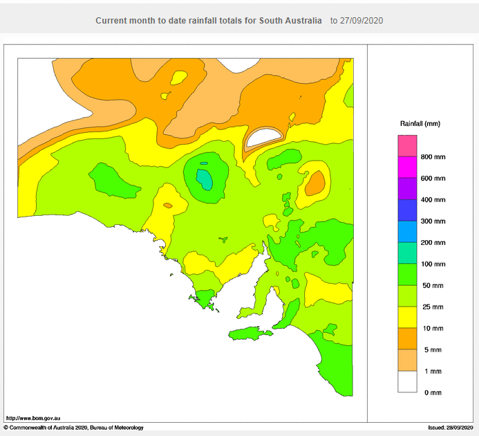 Rainfall for September 2020 to date across South Australia