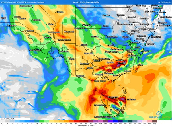 Accumulated rainfall across the next 3 days from the ACCESS G Model (Source: Weatherwatch Metcentre)