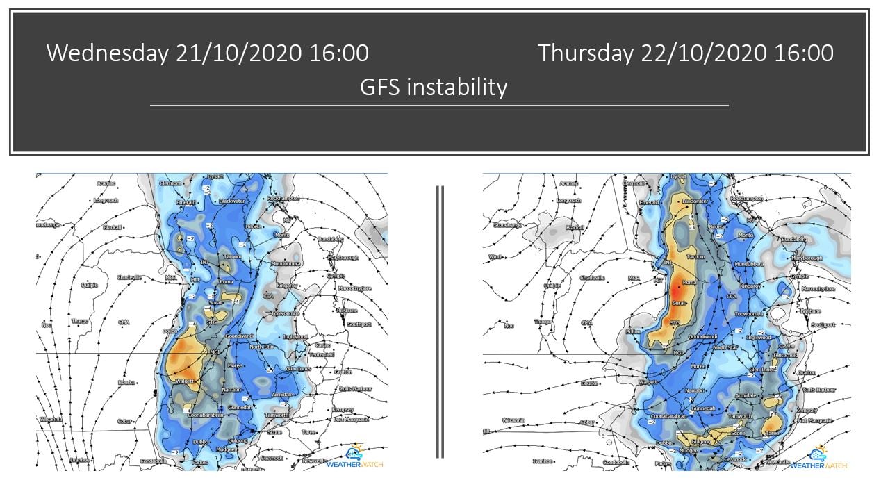 GFS instability Wednesday and Thursday. Images via WeatherWatch