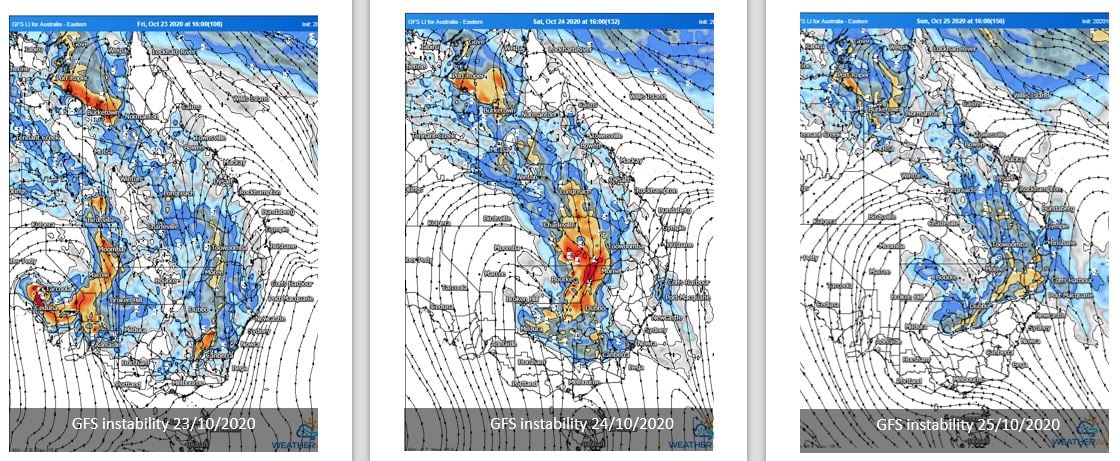 GFS instability Friday, Saturday and Sunday. Images via WeatherWatch