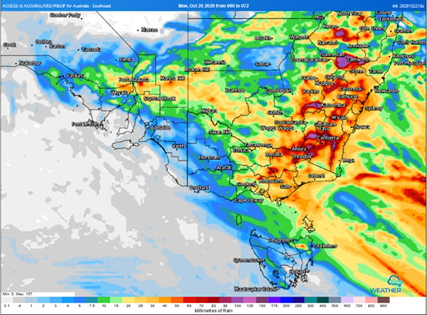 Forecast accumulated rainfall across the next 72 hours (Source: Weatherwatch Metcentre)