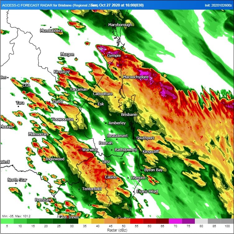 High resolution ACCESS C model (forecast radar) showing the general overview of intense thunderstorms. Image via WeatherWatch Metcentre