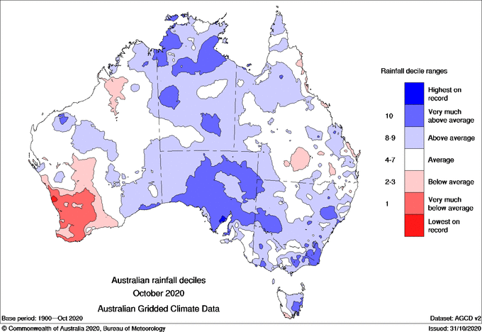 Image 2: Rainfall deciles across Australia for October 2020 (Source: Bureau of Meteorology)
