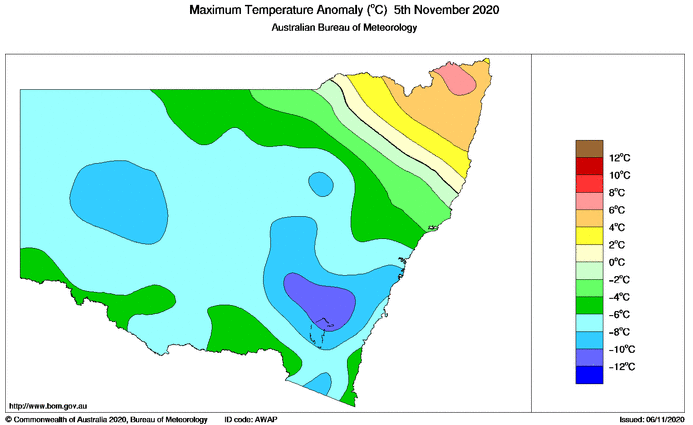 Temperature anomalies over NSW on Thursday 5/11/2020, showing cooler temperatures over large parts of the state. Image via BoM.