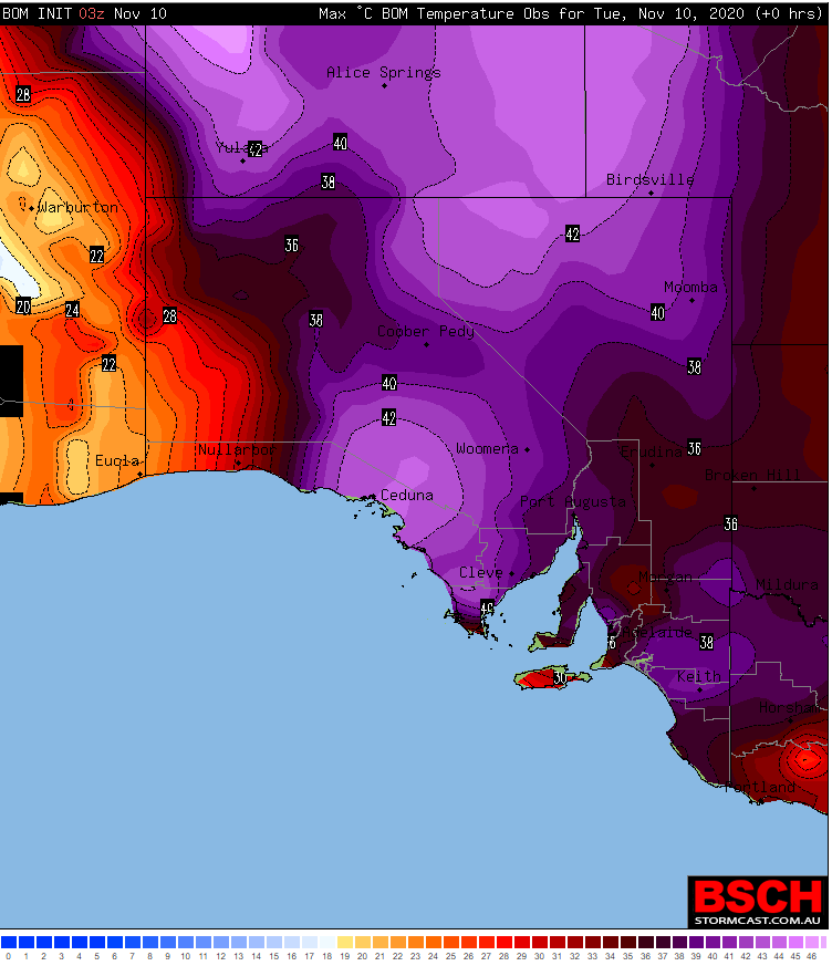 Max temperature to 2:30pm Local Time 10th November 2020, showing the widespread heat across the state