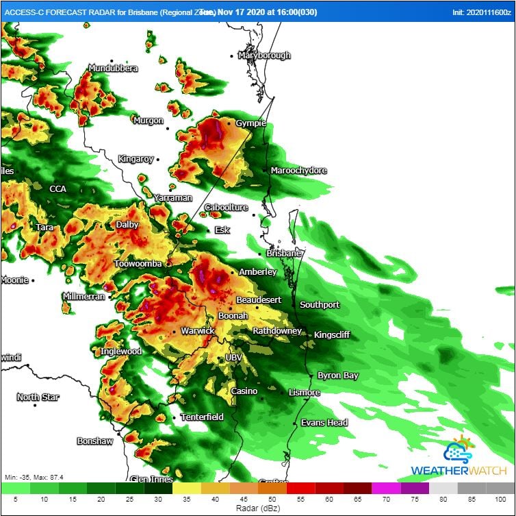 Image 2: High resolution ACCESS C forecast radar. Valid 4pm Tuesday 17/11/2020. Image via WeatherWatch MetCentre.