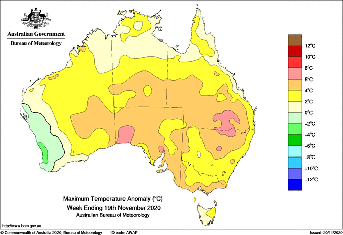 Image 2: Temperature anomalies across the last week showing the unusually hot conditions across large parts of Australia (Source: Bureau of Meteorology)