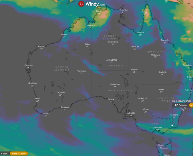 Image 4: Accumulated 10 day rainfall totals across Australia from the ECMWF model (Source: Windy.com)