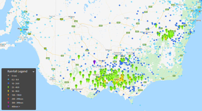 Rainfall totals in the 24 hours to 9am today across Victoria and southern NSW, showing a peak across southern Victoria and the ACT