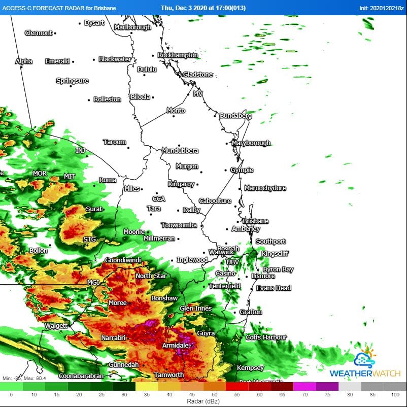 ACCESS C Forecast Radar 5pm EST. Image via WeatherWatch MetCentre.
