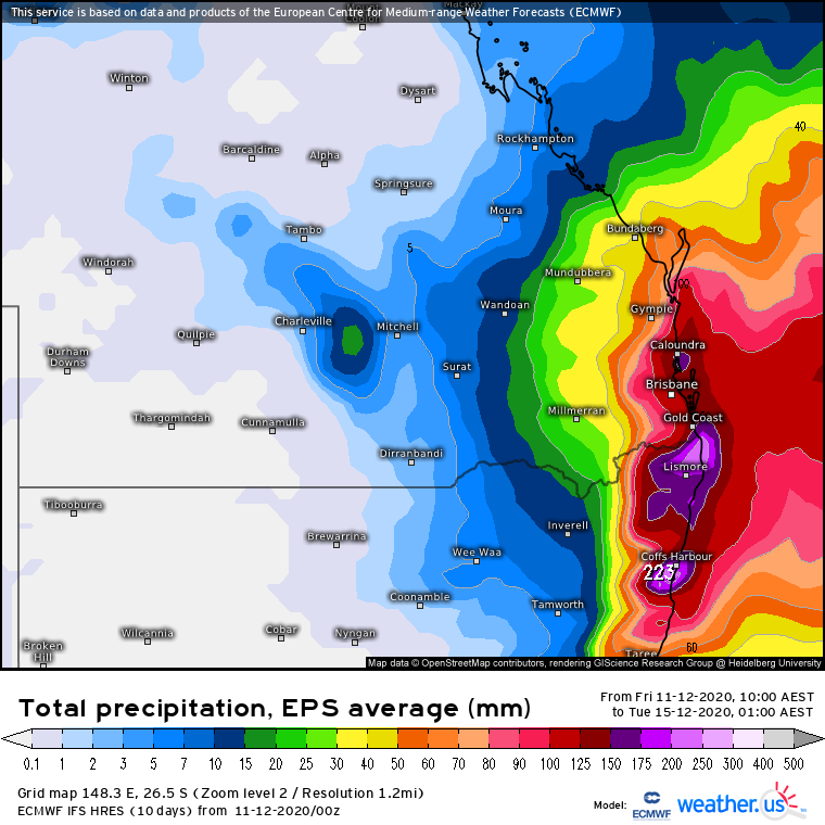 EC ensemble forecast total rainfall between today and Tuesday