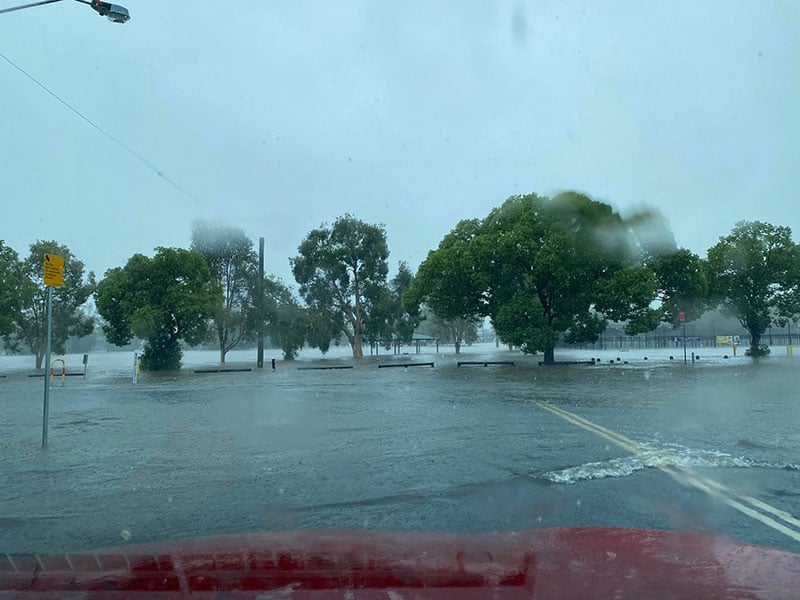 Flash flooding in Lismore, NSW Wednesday afternoon. Image via Dave Ellem.