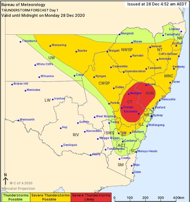 BoM Thundrestorm threat map day 1. Valid 28/12/2020