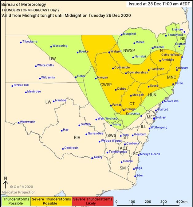 BoM Thundrestorm threat map day 2. Valid 29/12/2020