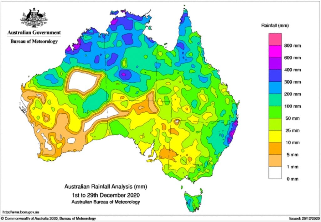 Accumulated rainfall totals 1/12/2020 - 29/12/2020. Image via Bureau of Meteorology.