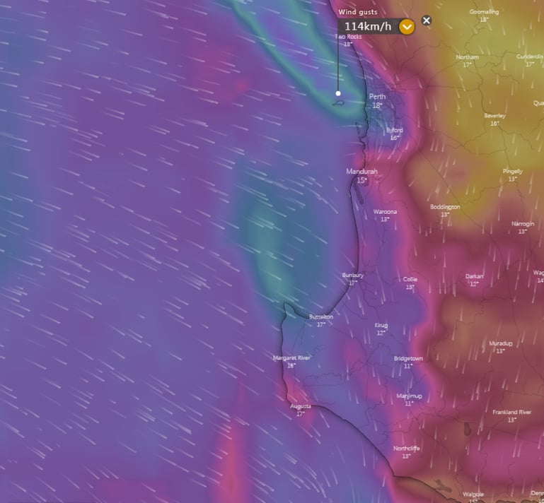 Forecast wind gusts at 8pm AWST Monday 22 June, 2020